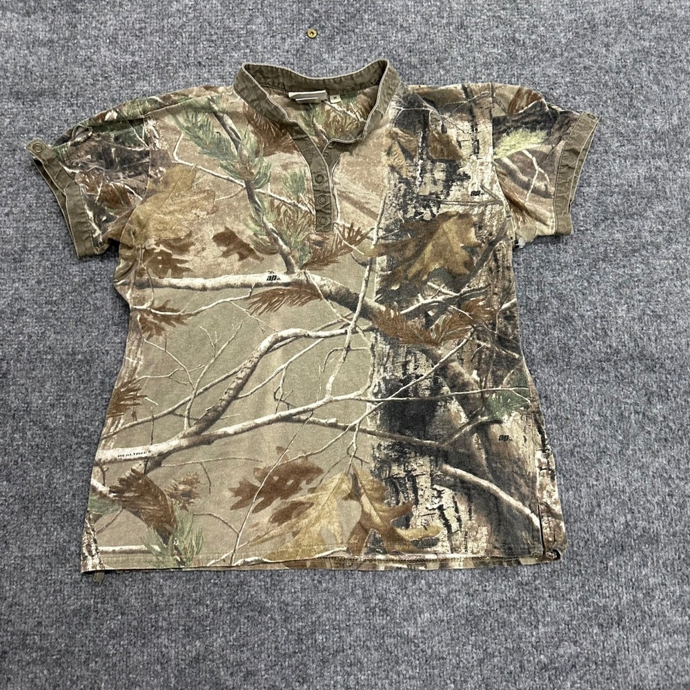 SHE Outdoor Apparel Shirt Womens Size M Camo RealTree AP Henley Short Sleeve Top